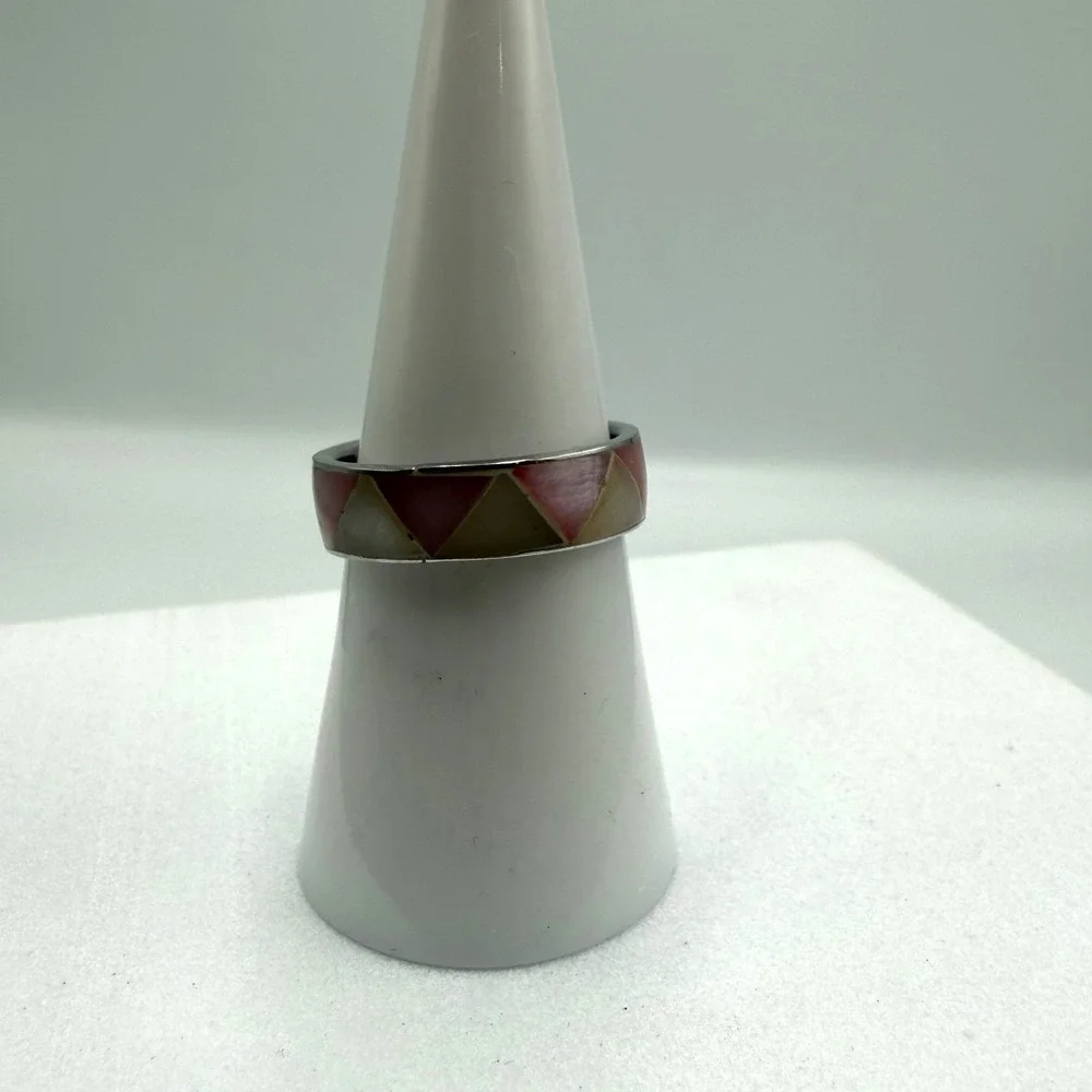 Silver Tone Geometric Inlay Band Ring Pink Cream Triangle Mosaic Size 7